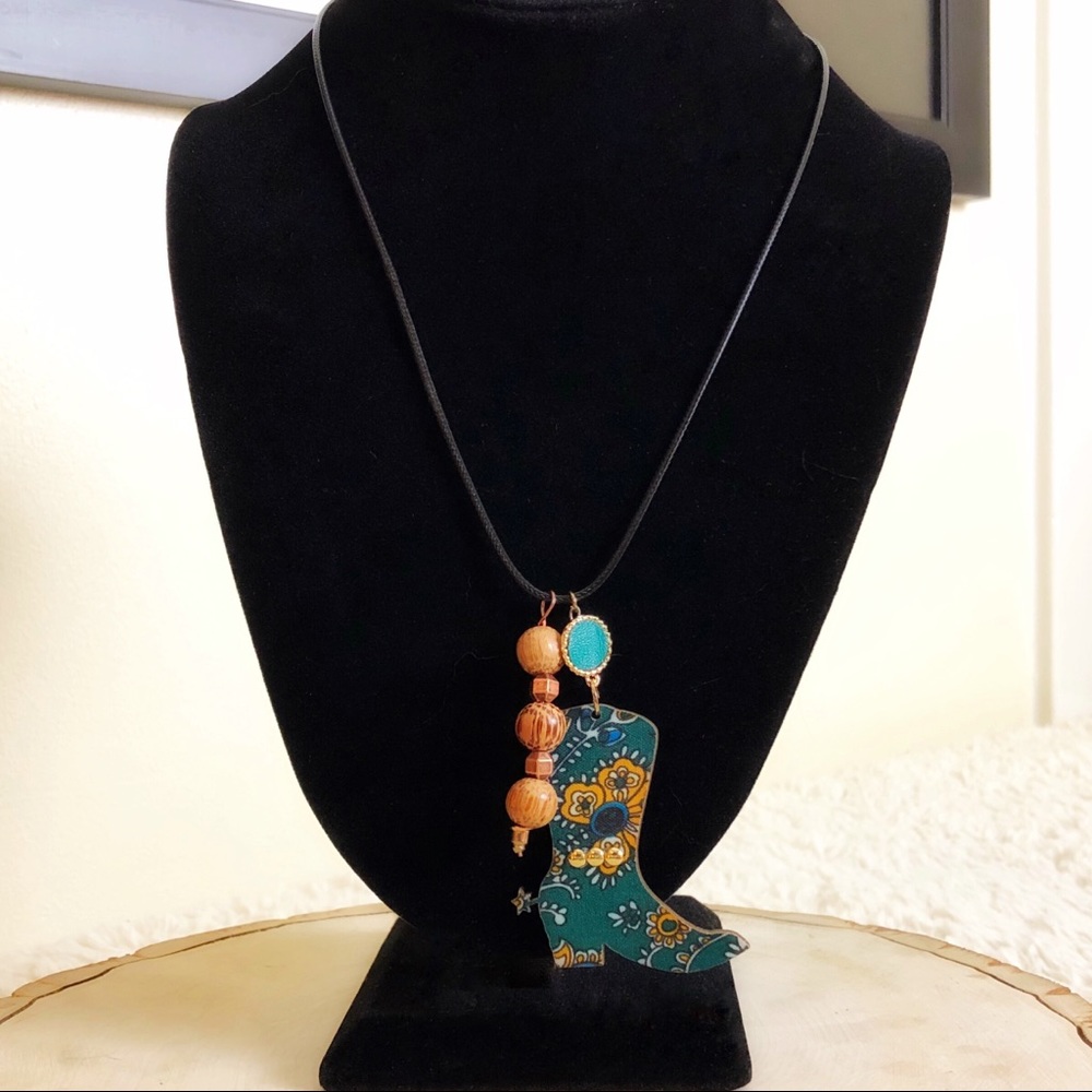 Teal Floral Cowboy Boot Pendant Necklace
